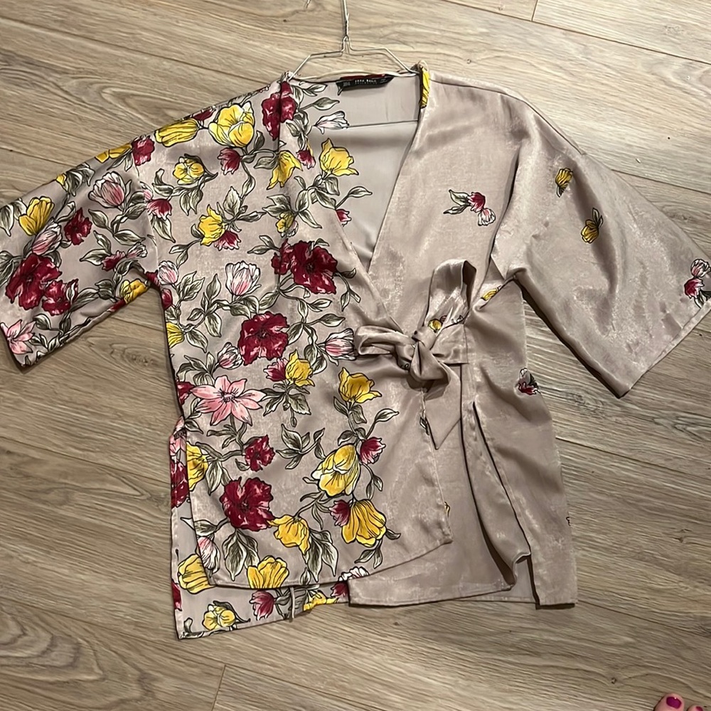 Zara Floral Wrap Blouse in Beige, Yellow & Red